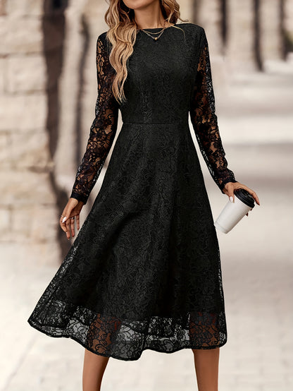 Elegant Black Lace Long Sleeve Wedding Dress for Women with Round Neck Fit And Flare Flowing Style