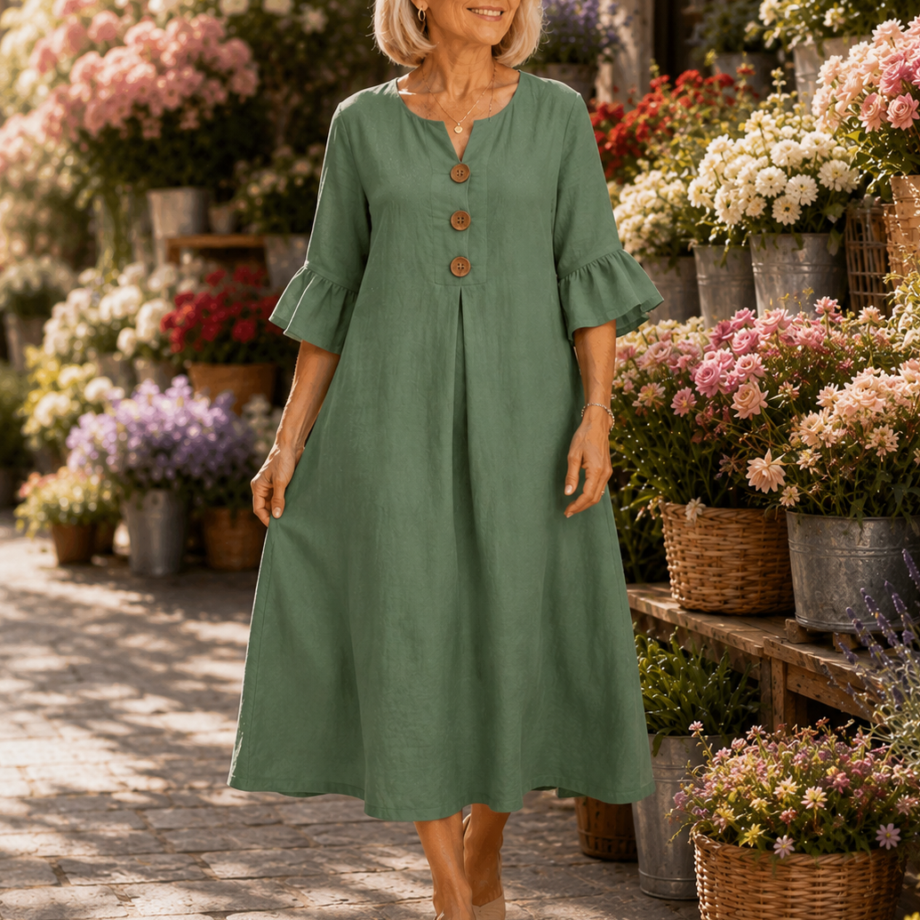 Effortless Linen Midi Dress for Women with Round Neck Bell Sleeve Button Front Relaxed Style