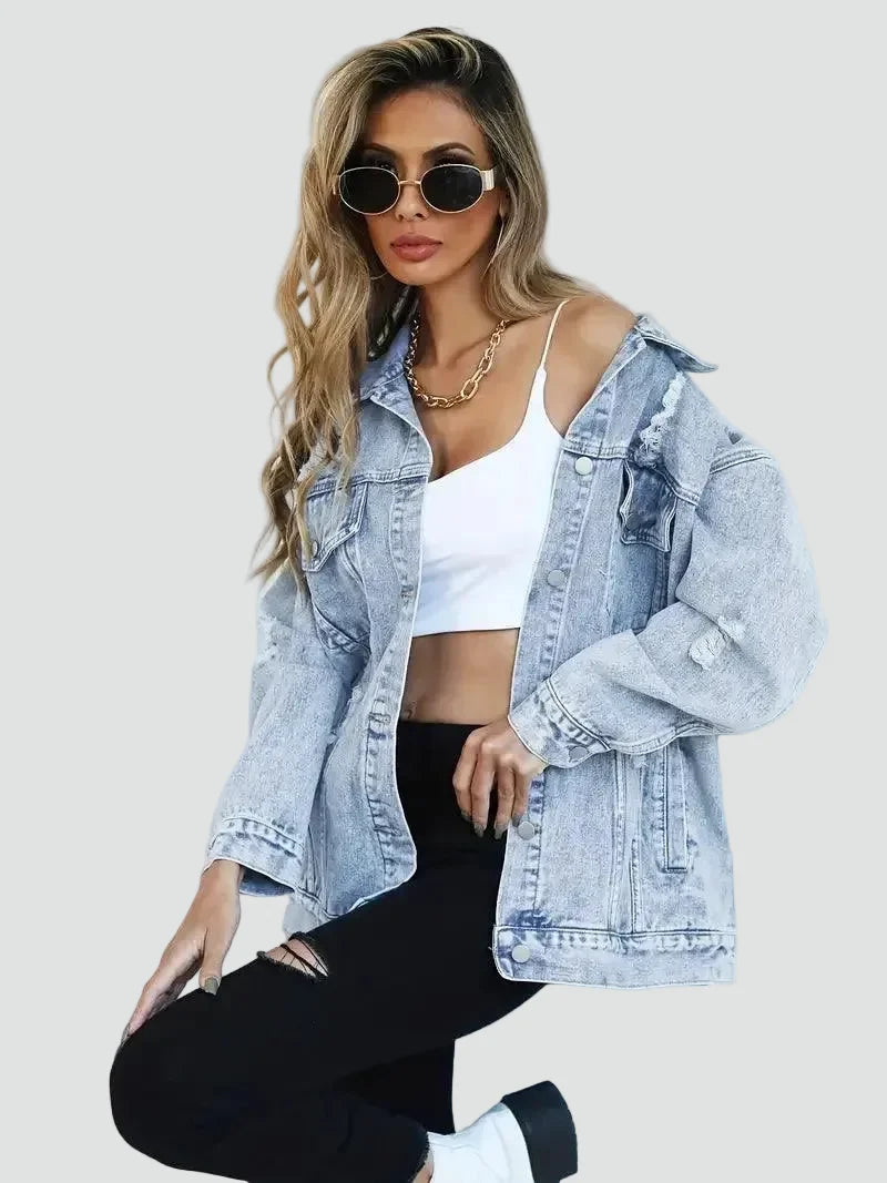 Effortless Light Blue Denim Jacket for Women with Spread Collar Long Sleeve Distressed Oversized Style