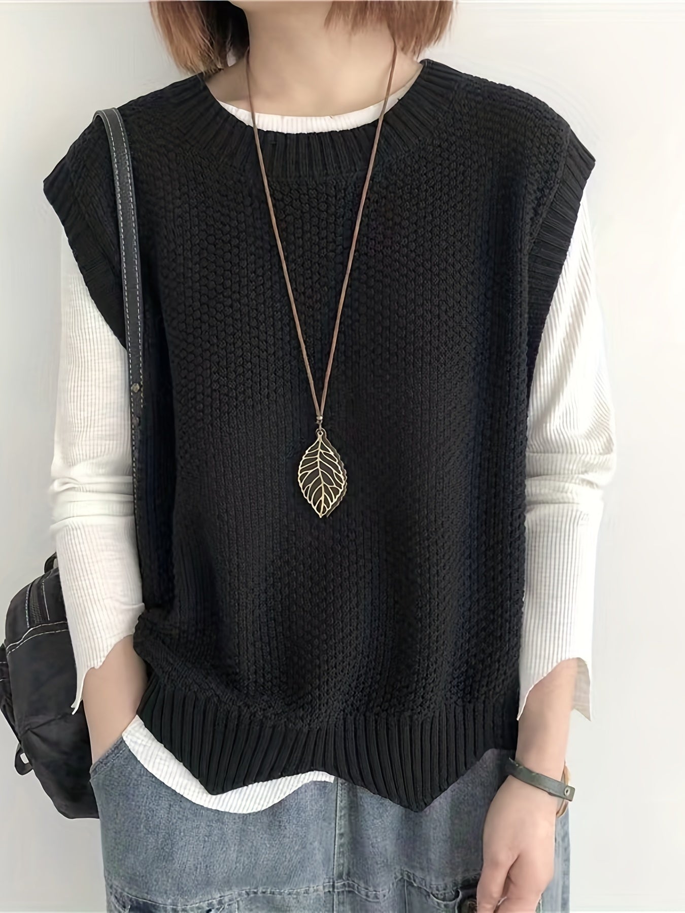 Comfortable Chunky Knit Sweater Vest for Women with Crew Neck Sleeveless Ribbed Trim Relaxed Oversized Style