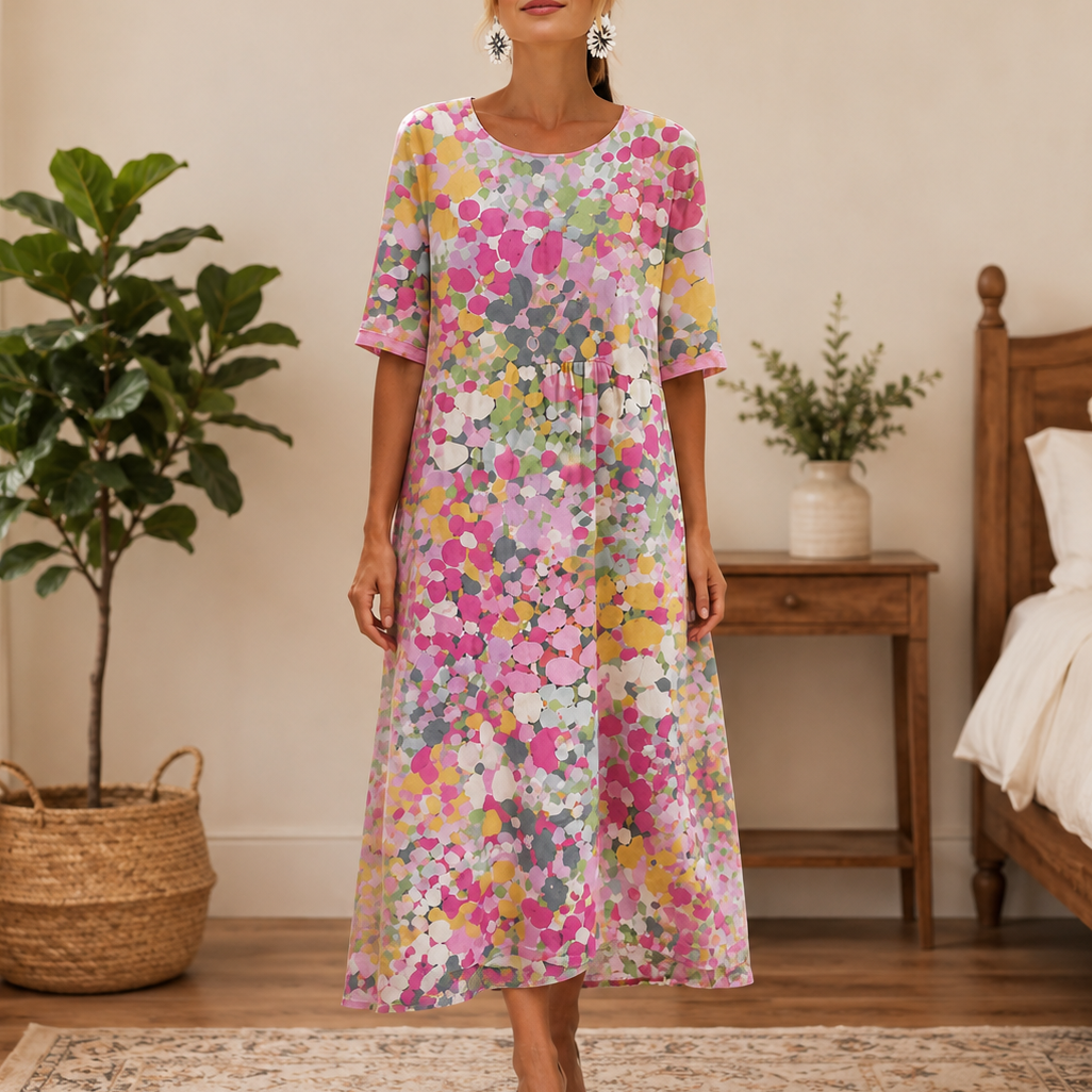 Effortless Confetti Print Midi Dress for Women with Round Neck Short Sleeve A Line Flowing Casual Style
