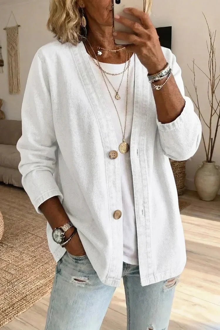 Effortless Washed Denim Cardigan for Women with Open Front Long Sleeve Button Relaxed Style