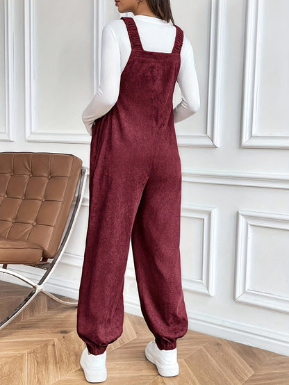 Effortless Corduroy Maternity Overalls for Women with Square Neck Sleeveless Wide Leg Relaxed Style