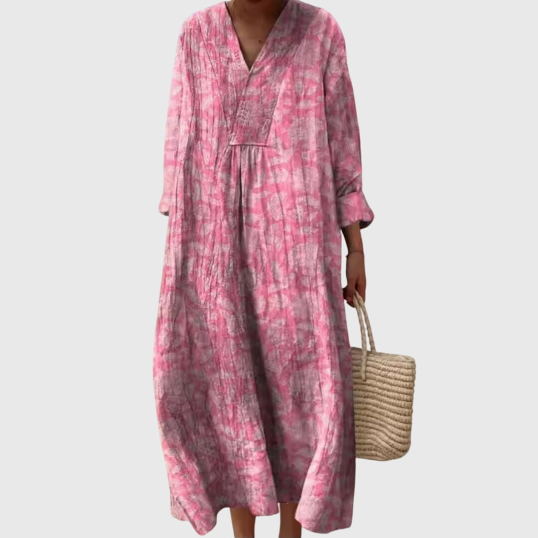 Effortless Printed Linen Maxi Dress for Women with V Neck Long Sleeve Relaxed Oversized Flowing Style