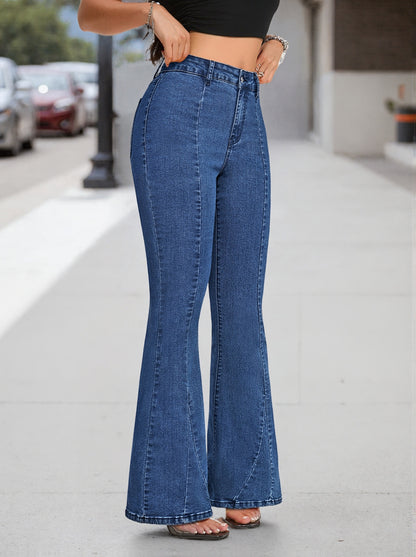 Effortless Medium Blue High Waisted Jeans for Women with Flared Leg Button Front Relaxed Casual Style