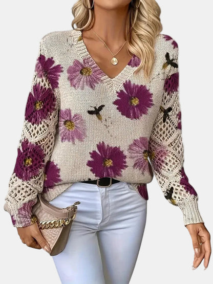 Comfortable Floral Crochet Sweater for Women with V Neck Long Sleeve Oversized Knit Style
