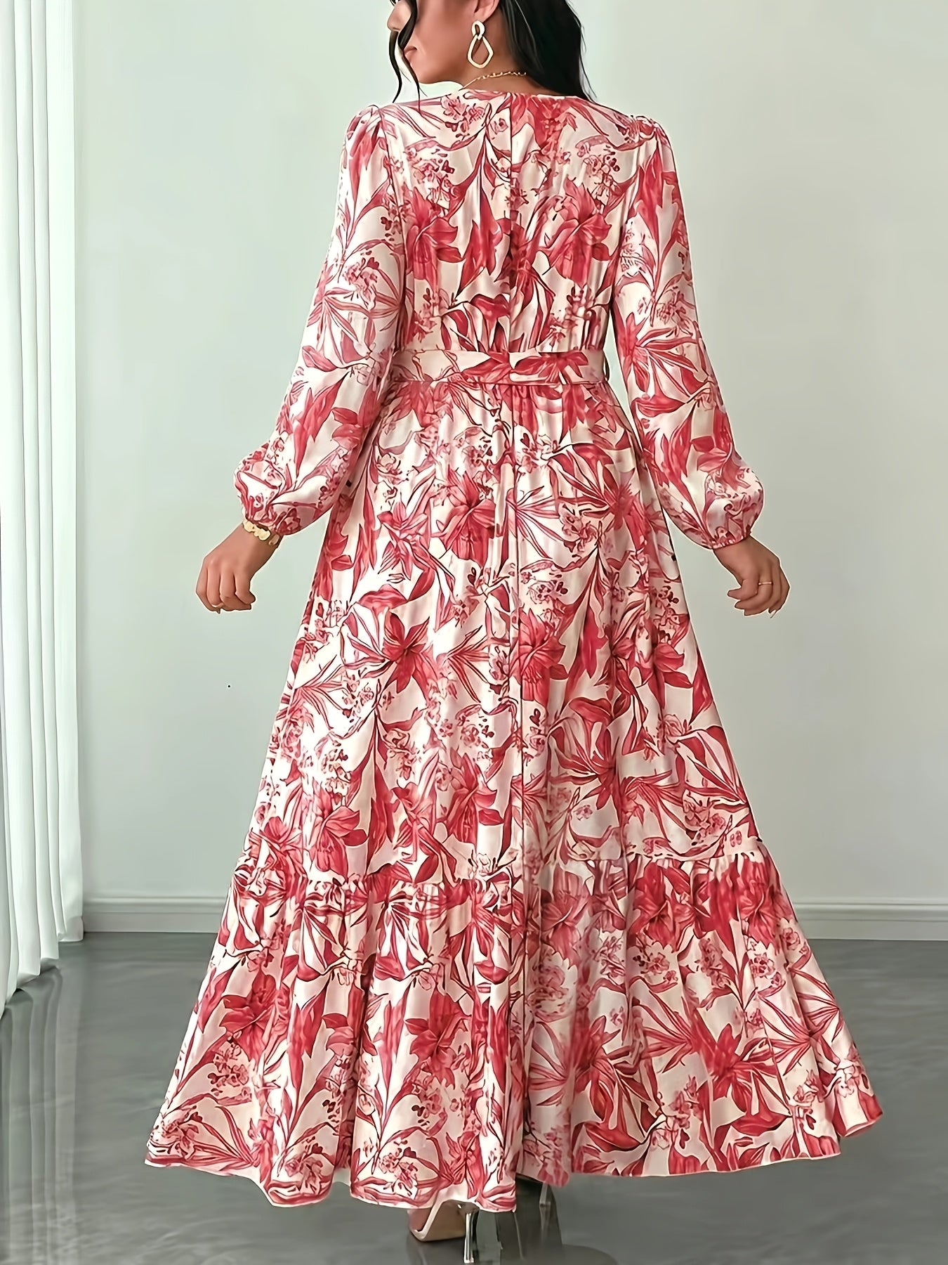 Elegant Floral Long Sleeve Maxi Dress for Women with V Neck Wrap Tie Waist Ruffle Hem Bohemian Style