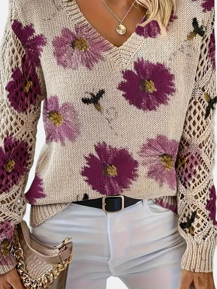 Comfortable Floral Crochet Sweater for Women with V Neck Long Sleeve Oversized Knit Style