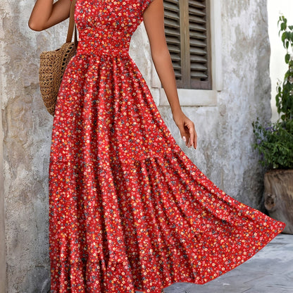 Effortless Floral Boho Dress for Women with V Neck Cap Sleeve Smocked Waist Tiered Flowing Style
