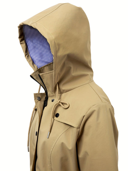 Chic Hooded Rainwear Jacket for Women with Drawstring Waist Zip Front Longline Windbreaker Outdoor Style