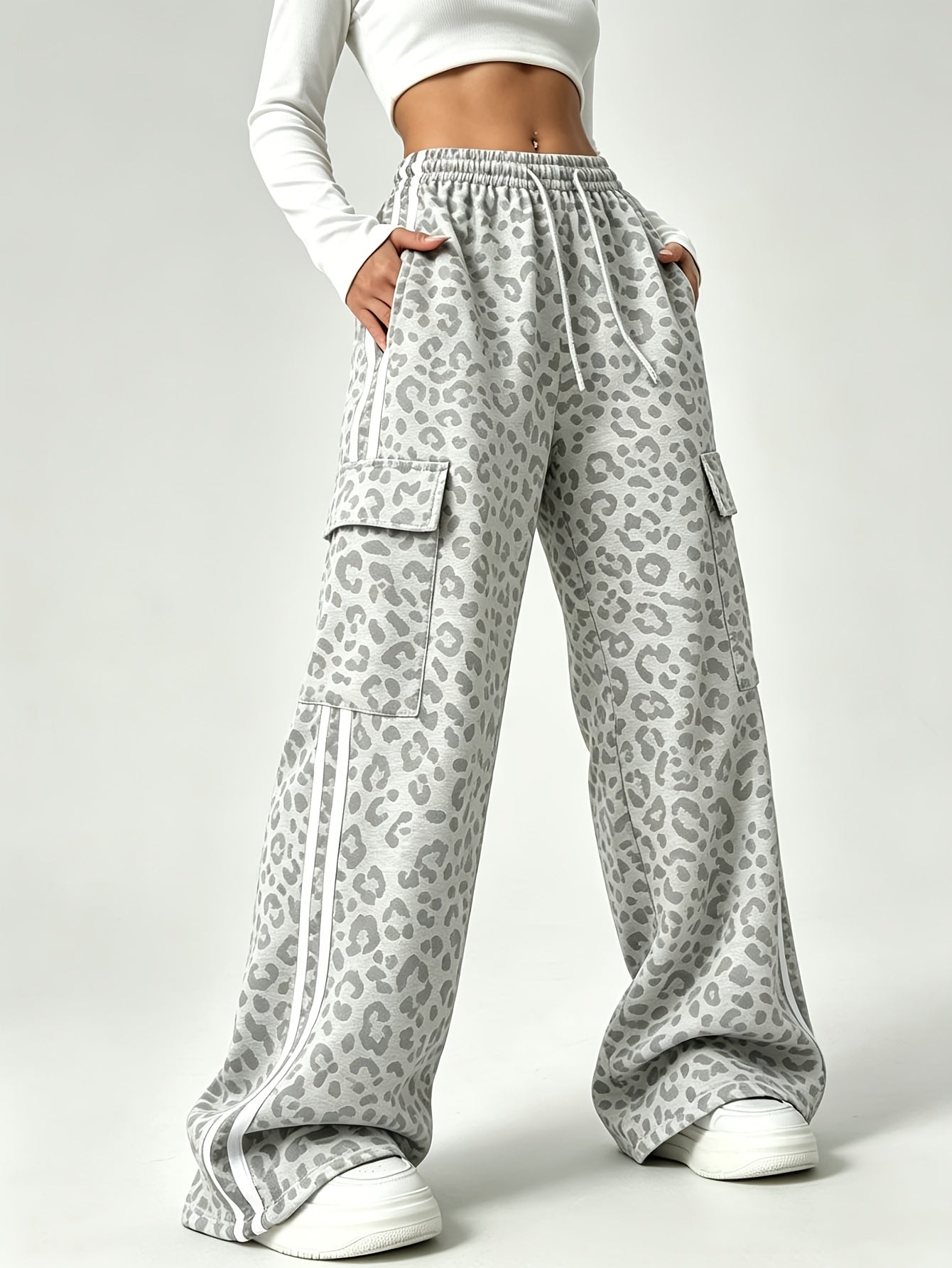 Effortless Leopard Print Cargo Pants for Women with High Waist Drawstring Wide Leg Relaxed Style