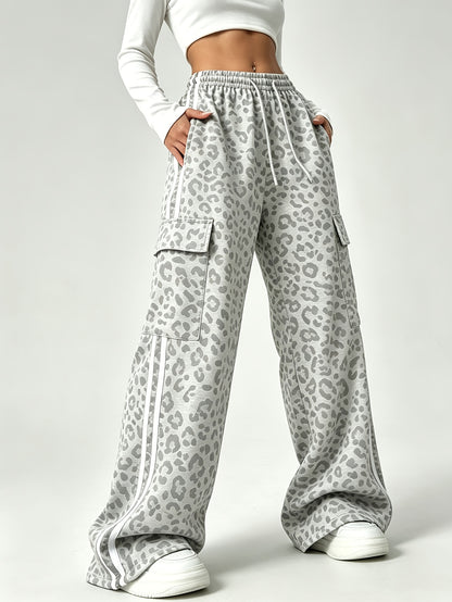 Effortless Leopard Print Cargo Pants for Women with High Waist Drawstring Wide Leg Relaxed Style