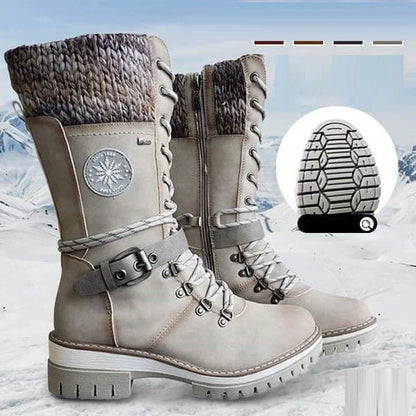 Cozy Knit Cuff Rainproof Boots for Women with Lace Up Buckle Strap Mid Calf Winter Style