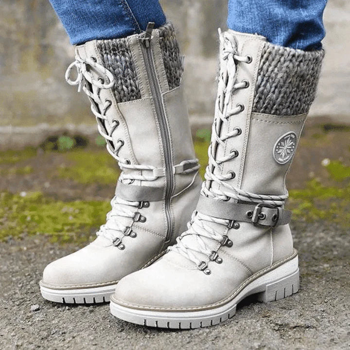 Cozy Knit Cuff Rainproof Boots for Women with Lace Up Buckle Strap Mid Calf Winter Style