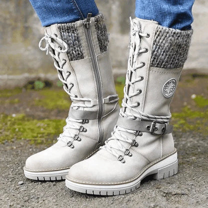 Cozy Knit Cuff Rainproof Boots for Women with Lace Up Buckle Strap Mid Calf Winter Style