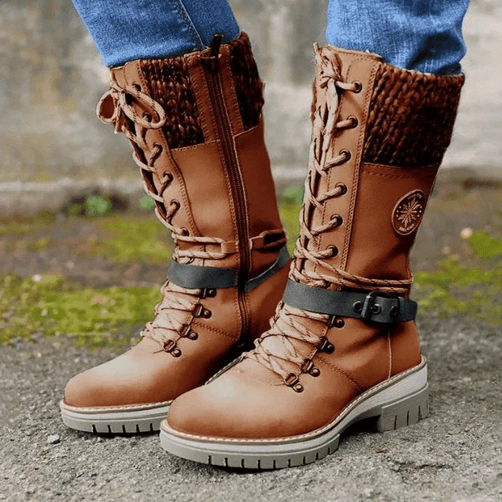 Cozy Knit Cuff Rainproof Boots for Women with Lace Up Buckle Strap Mid Calf Winter Style