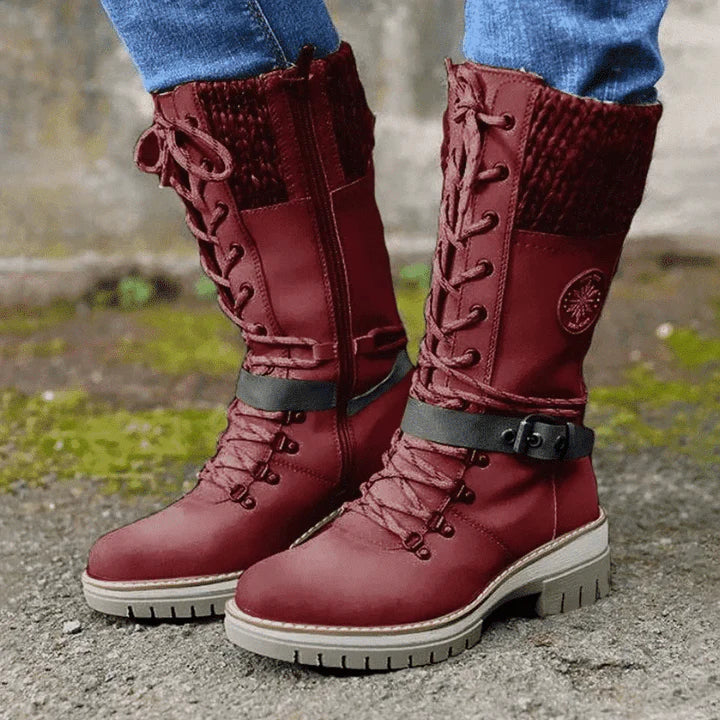 Cozy Knit Cuff Rainproof Boots for Women with Lace Up Buckle Strap Mid Calf Winter Style