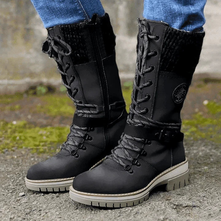 Cozy Knit Cuff Rainproof Boots for Women with Lace Up Buckle Strap Mid Calf Winter Style