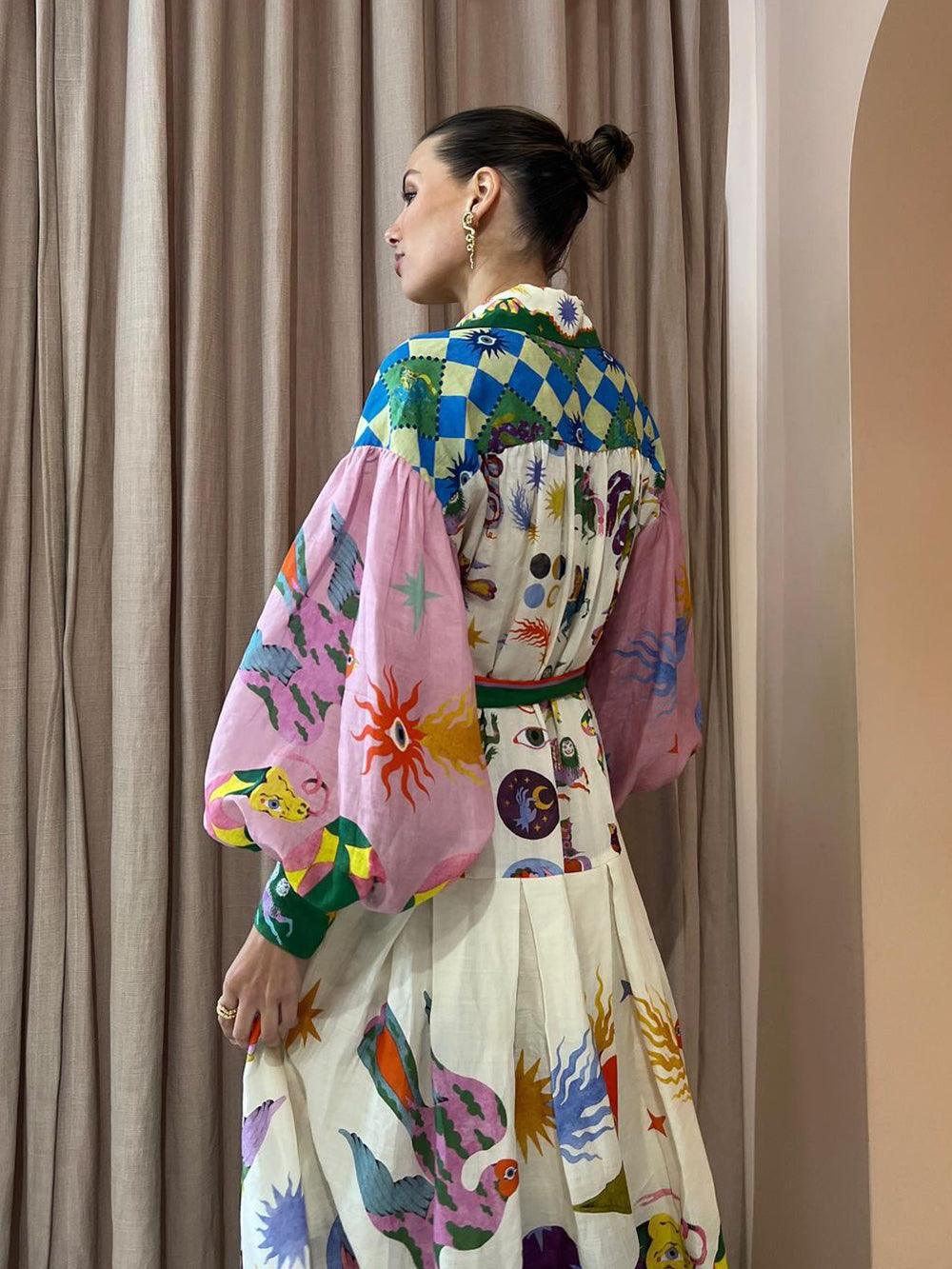 Stylish Multicolor Print Glam Dress for Women with Mock Neck Balloon Sleeve Tiered Pleated Maxi Style