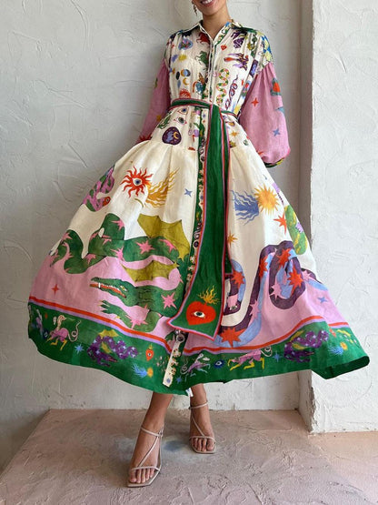 Stylish Multicolor Print Glam Dress for Women with Mock Neck Balloon Sleeve Tiered Pleated Maxi Style