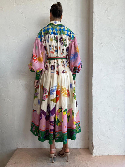 Stylish Multicolor Print Glam Dress for Women with Mock Neck Balloon Sleeve Tiered Pleated Maxi Style