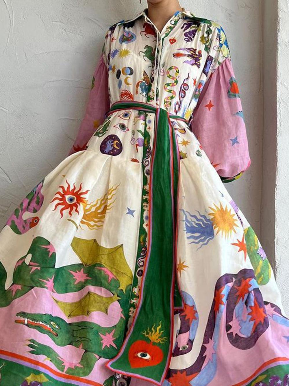 Stylish Multicolor Print Glam Dress for Women with Mock Neck Balloon Sleeve Tiered Pleated Maxi Style
