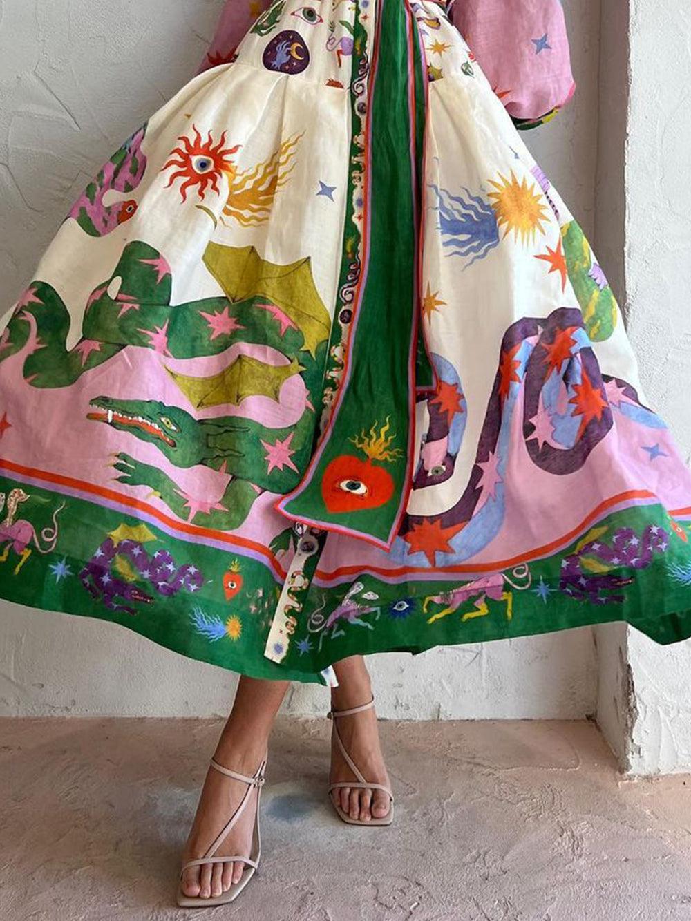 Stylish Multicolor Print Glam Dress for Women with Mock Neck Balloon Sleeve Tiered Pleated Maxi Style