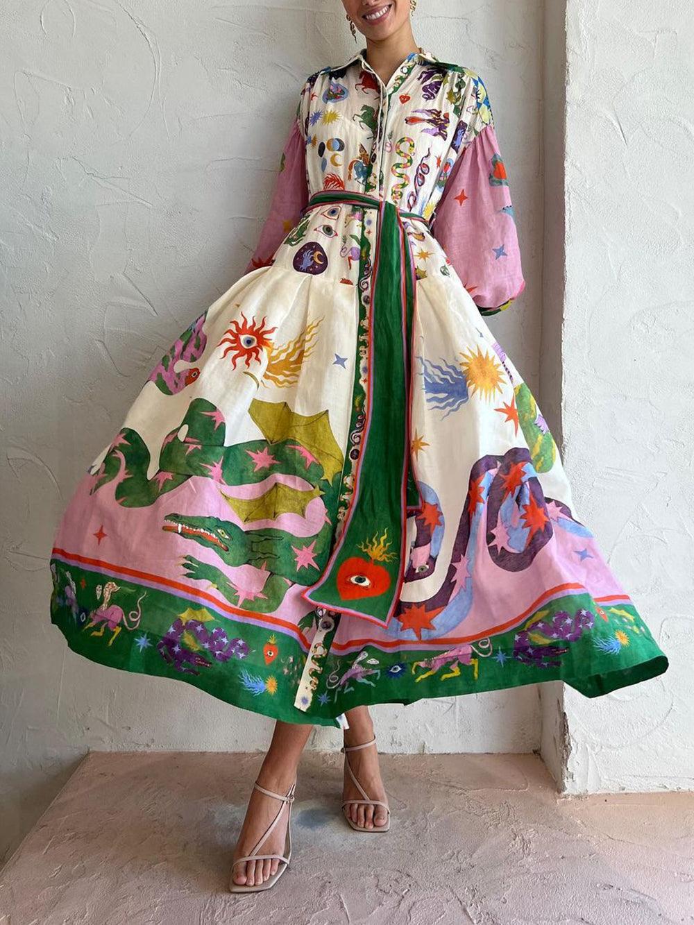 Stylish Multicolor Print Glam Dress for Women with Mock Neck Balloon Sleeve Tiered Pleated Maxi Style