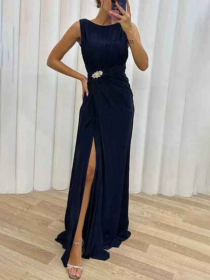 Elegant Draped Mother Of The Groom Dress for Women with Boat Neck Sleeveless High Slit Ruched Column Style