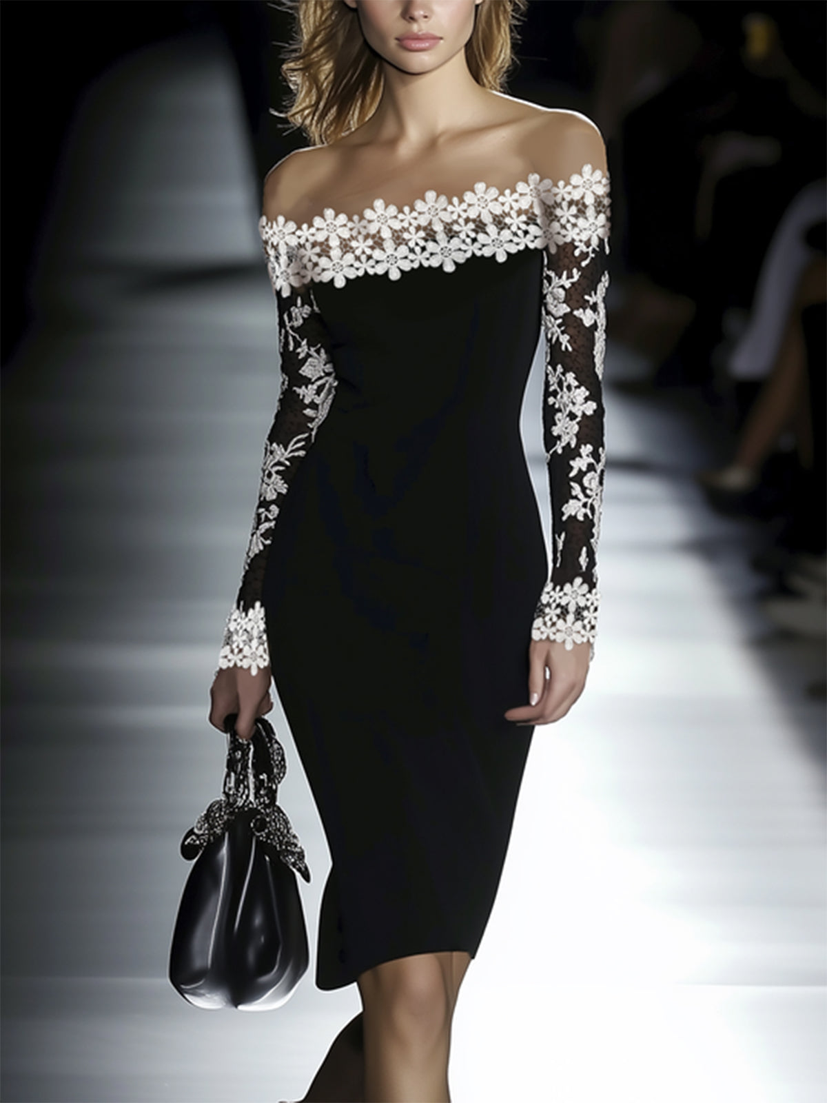 Elegant Little Black Dress for Women with Off Shoulder Floral Lace Long Sleeve Bodycon Cocktail Style