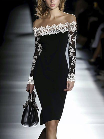Elegant Little Black Dress for Women with Off Shoulder Floral Lace Long Sleeve Bodycon Cocktail Style