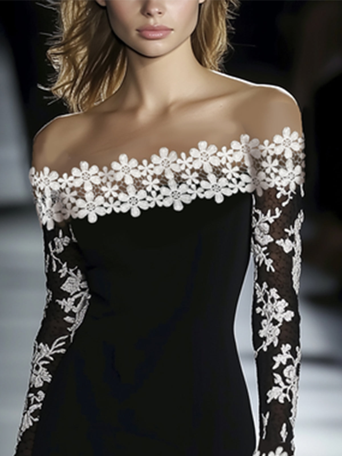 Elegant Little Black Dress for Women with Off Shoulder Floral Lace Long Sleeve Bodycon Cocktail Style