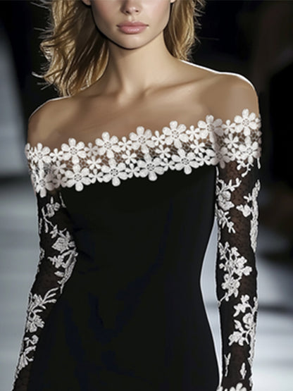 Elegant Little Black Dress for Women with Off Shoulder Floral Lace Long Sleeve Bodycon Cocktail Style