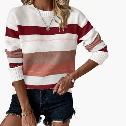 Comfortable Striped Sweater for Women with Crew Neck Long Sleeve Relaxed Oversized Knit Style