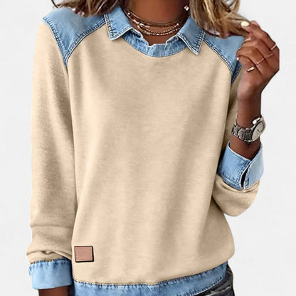 Effortless Denim Patchwork Sweatshirt for Women with Collared Raglan Long Sleeve Relaxed Casual Style