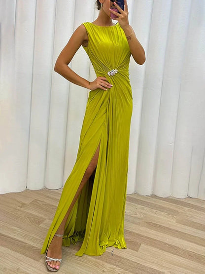 Elegant Draped Mother Of The Groom Dress for Women with Boat Neck Sleeveless High Slit Ruched Column Style