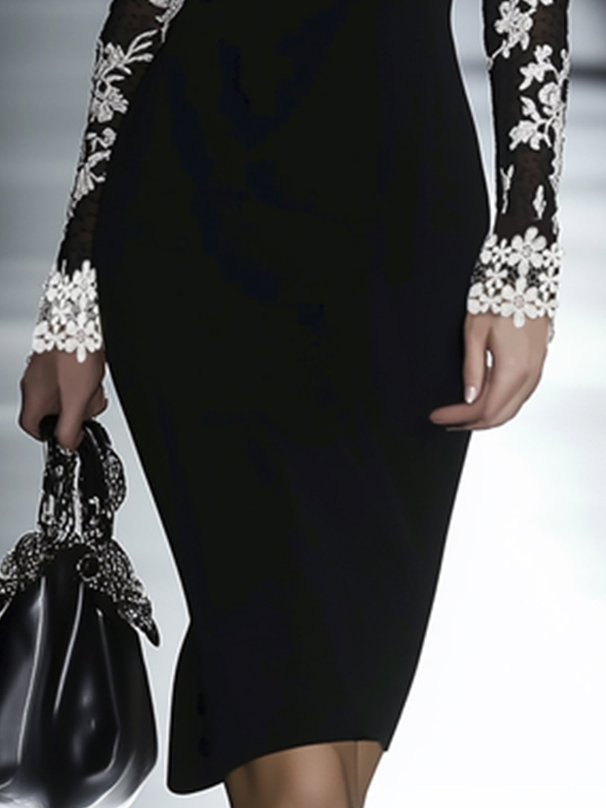 Elegant Little Black Dress for Women with Off Shoulder Floral Lace Long Sleeve Bodycon Cocktail Style