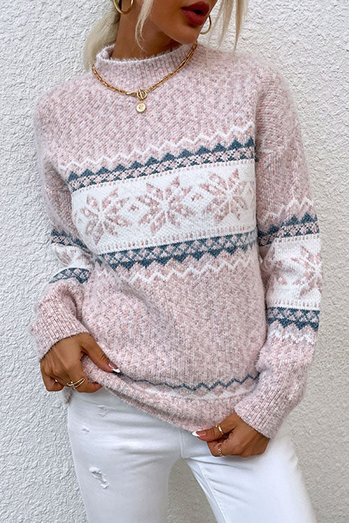 Comfortable Snowflake Print Sweater for Women with High Neck Long Sleeve Relaxed Oversized Knit Style