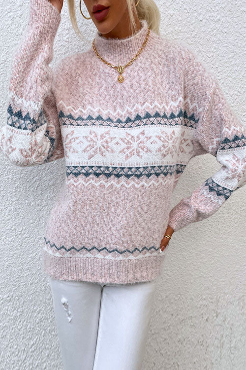 Comfortable Snowflake Print Sweater for Women with High Neck Long Sleeve Relaxed Oversized Knit Style