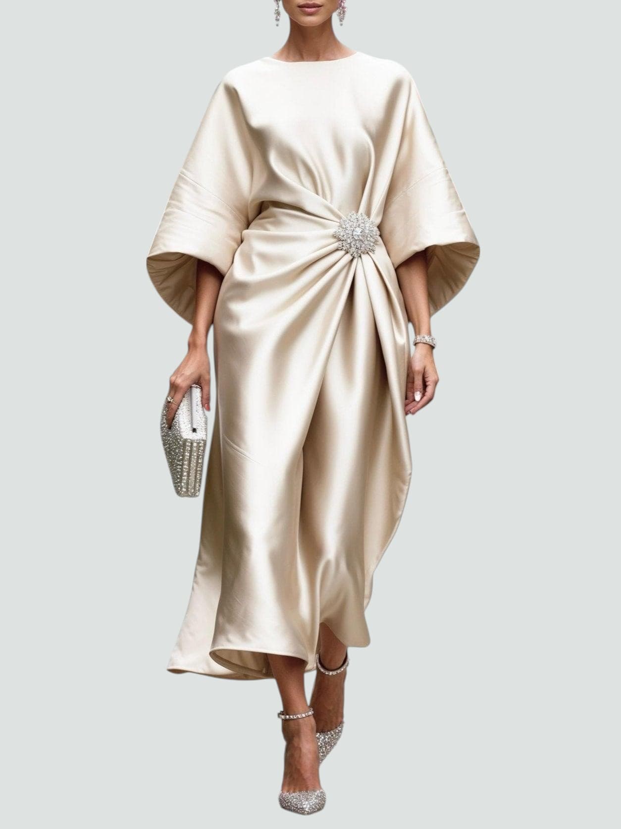 Elegant Satin Midi Dress for Women with Batwing Sleeve Brooch Waist Draped Formal Wedding Guest Style