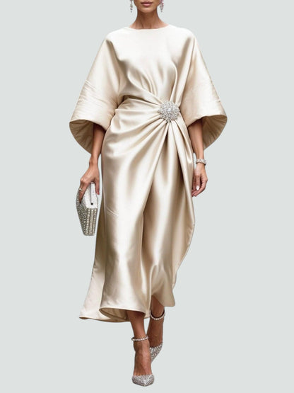 Elegant Satin Midi Dress for Women with Batwing Sleeve Brooch Waist Draped Formal Wedding Guest Style