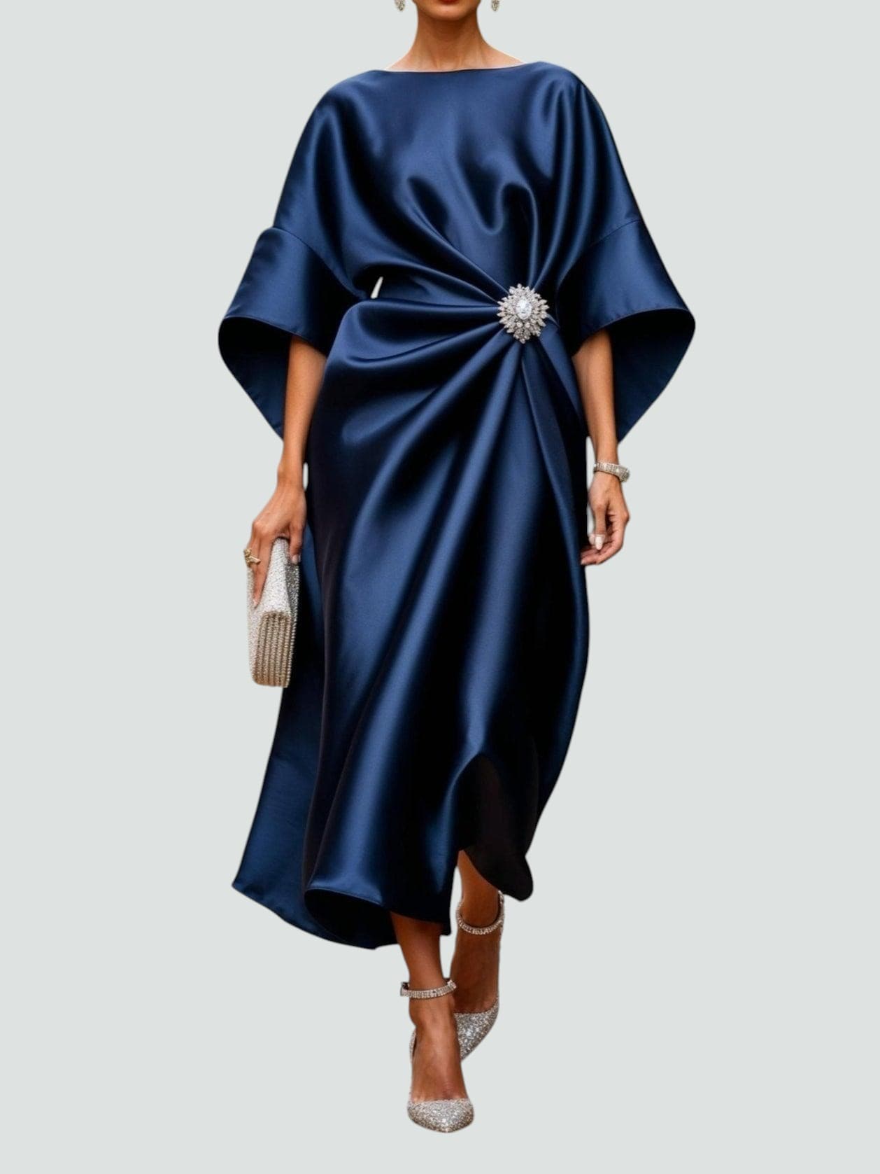 Elegant Satin Midi Dress for Women with Batwing Sleeve Brooch Waist Draped Formal Wedding Guest Style