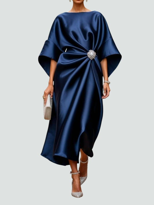 Elegant Satin Midi Dress for Women with Batwing Sleeve Brooch Waist Draped Formal Wedding Guest Style
