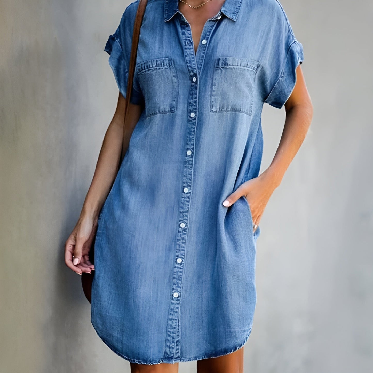 Effortless Denim Dress for Women with Collar Short Sleeve Button Front Casual Style