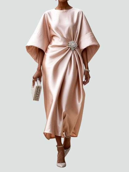 Elegant Satin Midi Dress for Women with Batwing Sleeve Brooch Waist Draped Formal Wedding Guest Style