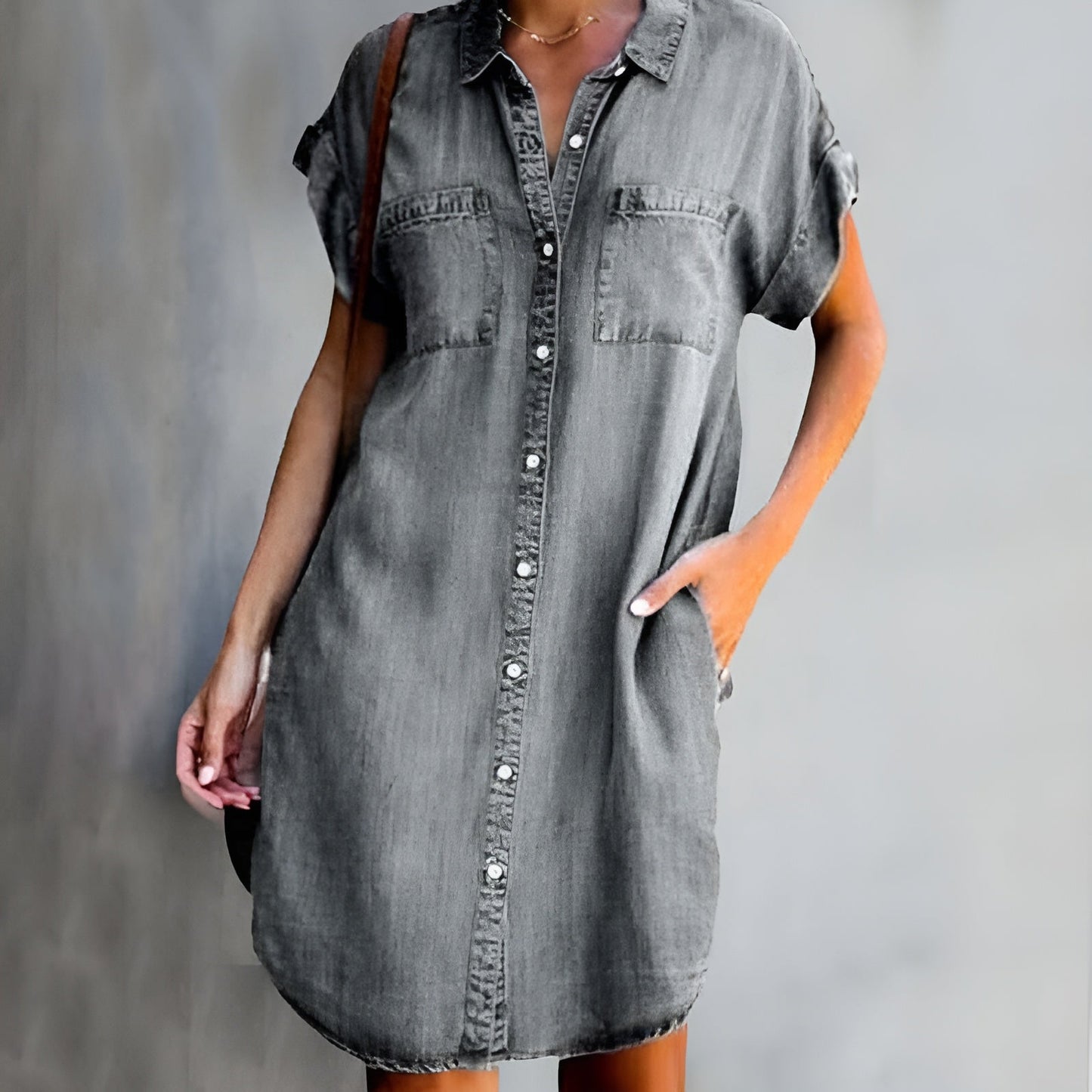 Effortless Denim Dress for Women with Collar Short Sleeve Button Front Casual Style