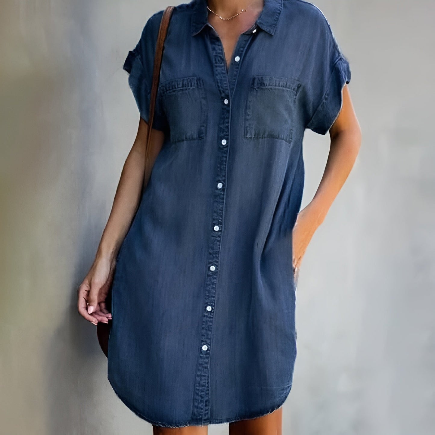Effortless Denim Dress for Women with Collar Short Sleeve Button Front Casual Style
