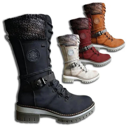 Cozy Knit Cuff Rainproof Boots for Women with Lace Up Buckle Strap Mid Calf Winter Style