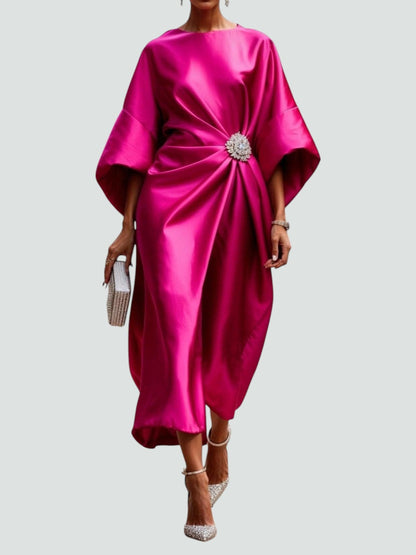 Elegant Satin Midi Dress for Women with Batwing Sleeve Brooch Waist Draped Formal Wedding Guest Style
