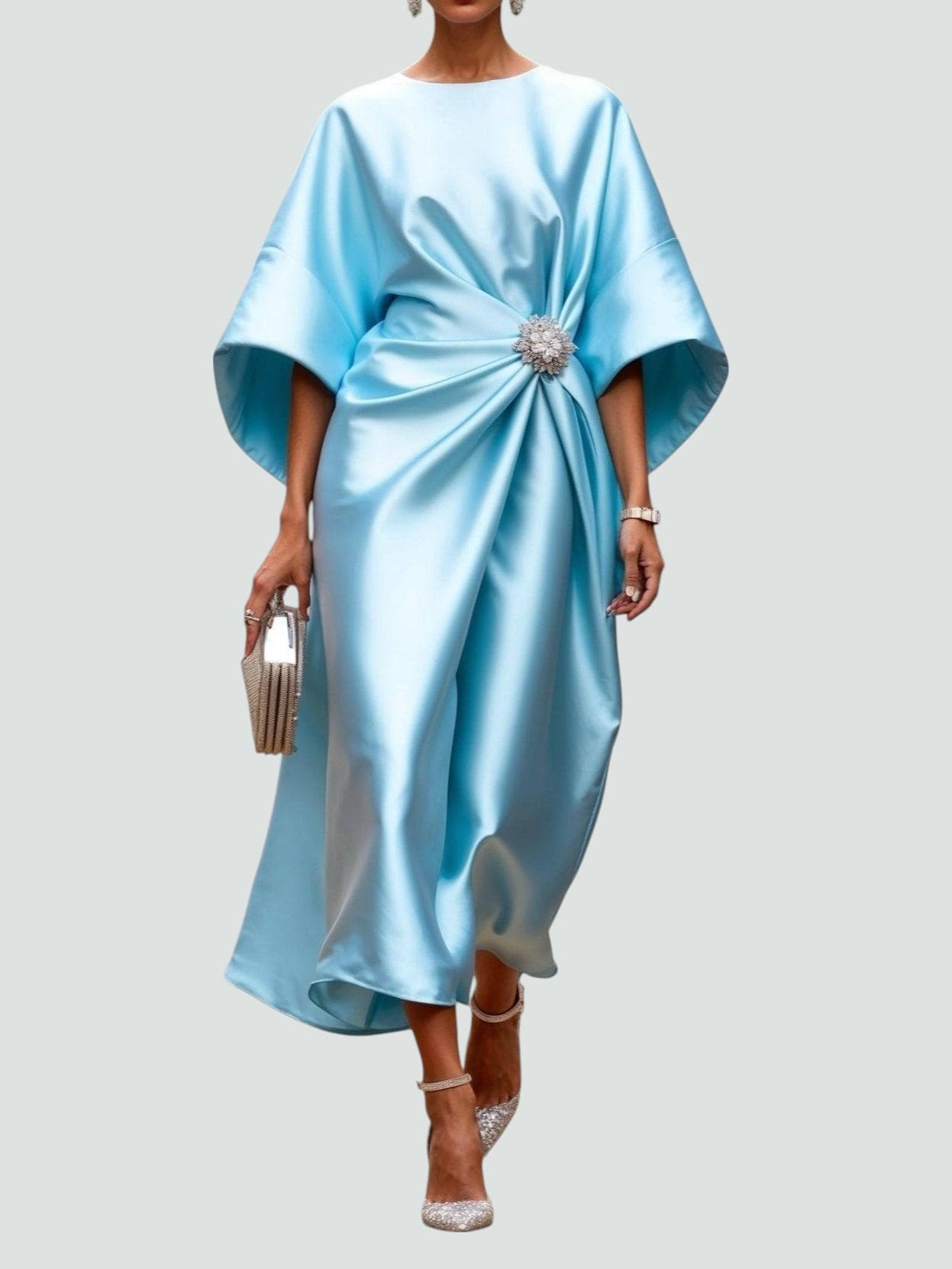 Elegant Satin Midi Dress for Women with Batwing Sleeve Brooch Waist Draped Formal Wedding Guest Style